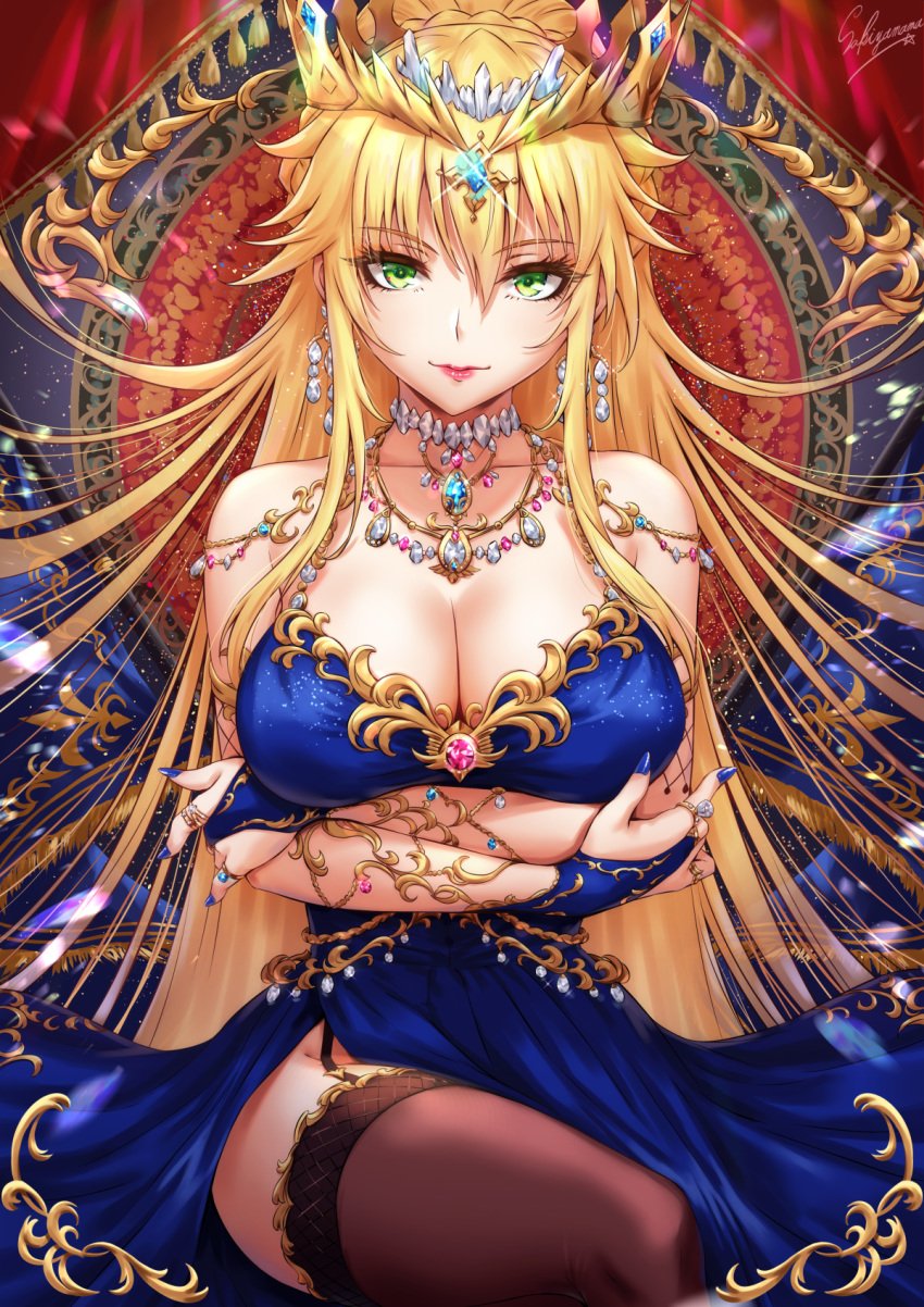 1girls artoria_pendragon artoria_pendragon_(lancer) bangs bare_shoulders big_breasts black_legwear blonde_hair blue_dress blue_nails braid breasts cleavage crown dress earrings eyebrows_visible_through_hair fate/grand_order fate_(series) female female_only gem green_eyes hair_ornament highres jewelry lipstick long_hair looking_at_viewer nail_polish ribbon sakiyamama sitting smile solo thighhighs very_long_hair