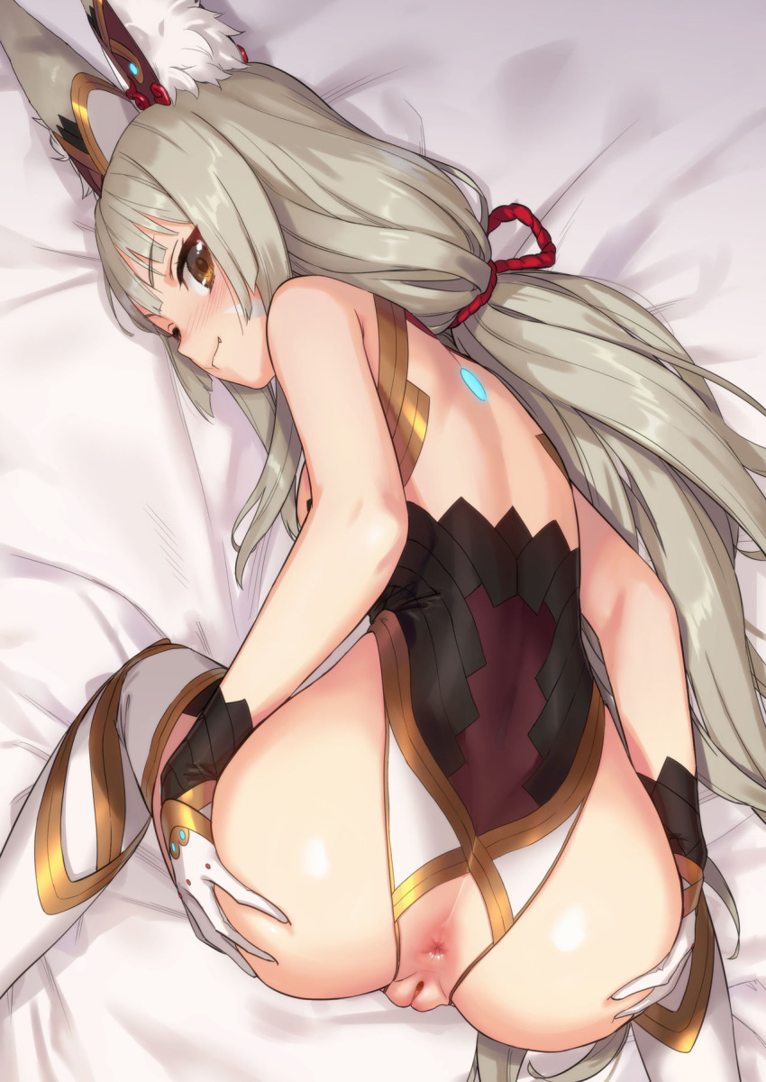 1girls animal_ears anus ass ass_grab blush from_behind gloves highres kawakami_rokkaku leotard long_hair nia nia_(blade) nia_(xenoblade) nintendo nopan pointy_chin presenting pussy spoilers tagme thighhighs third-party_edit top-down_bottom-up uncensored very_long_hair xenoblade_(series) xenoblade_chronicles_2 yellow_eyes_female