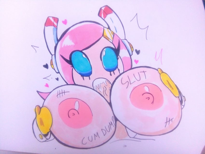 anthro areolae big_breasts big_nipples blowjob body_writing cum_dump heart kirby_(series) kirby_star_allies meow_fuck nintendo oral oral_sex outercourse paizuri susanna_patrya_haltmann susie_(kirby) writing