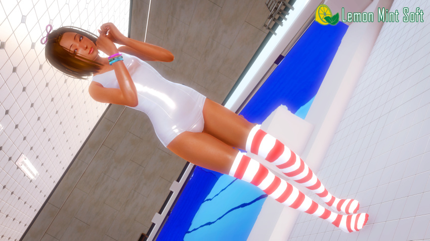 1girls 3d bracelet brown_hair dark_skin forehead gyaru hair_ribbon honey_select indoor_pool indoors lemon_mint_soft patreon_reward pool ribbon school_swimsuit short_hair striped_legwear swimsuit tagme thighhighs white_school_swimsuit