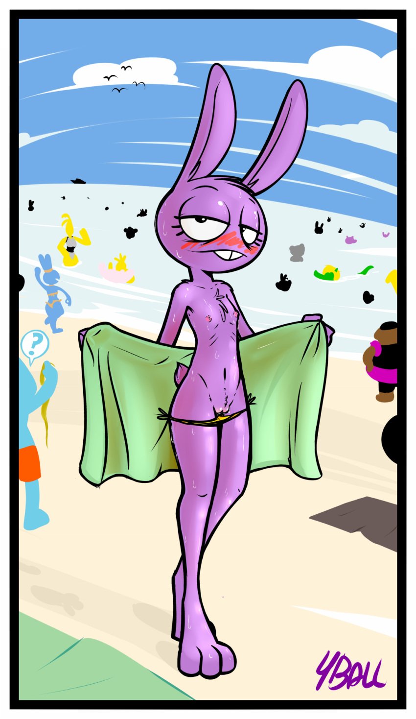 3_toes ? ambiguous_gender beach beanie_(roommates) big_eyes bikini bikini_bottom black_eyebrows black_eyes blush bodily_fluids border buckteeth chest_tuft clothed clothing cloud collarbone day detailed_background digital_media_(artwork) eyebrows eyelashes female female_focus fingers five_nights_at_freddy's five_nights_at_freddy's_2 flashing flat_chested floppy_ears fourball fur genitals group half-closed_eyes hi_res holding_clothing lagomorph leporid looking_at_viewer lop_ears mammal monotone_body monotone_fur narrowed_eyes navel nervous nipples outside panties panties_down partially_clothed pink_nipples pinup pose public pupils purple_body purple_ears purple_fur purple_tail pussy rabbit ribs roommates roommates:motha sand sea seaside signature sky slim small_tail solo_focus speech_bubble standing sweat swimwear teeth toes topless towel tuft underwear video_games water white_pupils yellow_bikini yellow_clothing yellow_swimwear