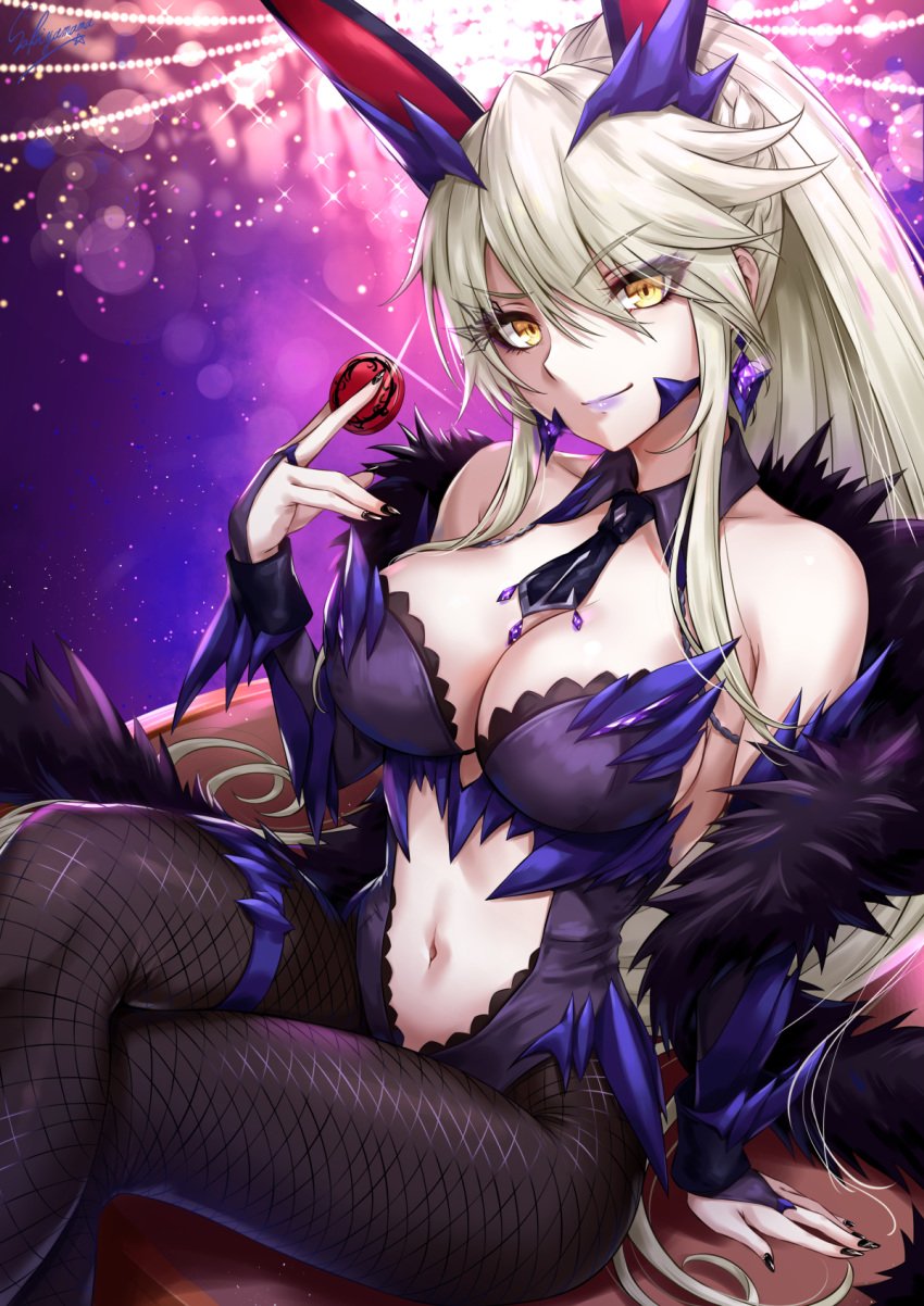 1girls animal_ears artist_name artoria_pendragon artoria_pendragon_(lancer_alter) artoria_pendragon_(swimsuit_ruler) bangs bare_shoulders black_legwear black_nails blonde_hair blush braid breasts bunny_ears bunny_girl cleavage collarbone eyebrows_visible_through_hair fate/grand_order fate_(series) female female_only fishnet_legwear fishnets gloves hair_between_eyes highres holding large_breasts lipstick long_hair looking_at_viewer nail_art nail_polish navel pantyhose pink_lips sakiyamama sidelocks smile solo yellow_eyes