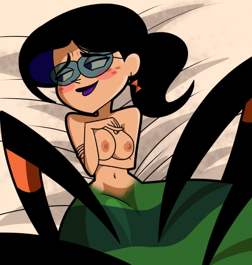 1girls arm_under_breasts bed black_hair blush breasts cartoon_network cute drpizzaboi1 earrings erect_nipples female female_only freckles glasses half-closed_eyes lipstick looking_away lying_down lying_on_back nipples on_back pinkie_out ponytail shy smile solo spider spider_girl spider_humanoid the_grim_adventures_of_billy_and_mandy velma_green velma_green_the_spider_queen