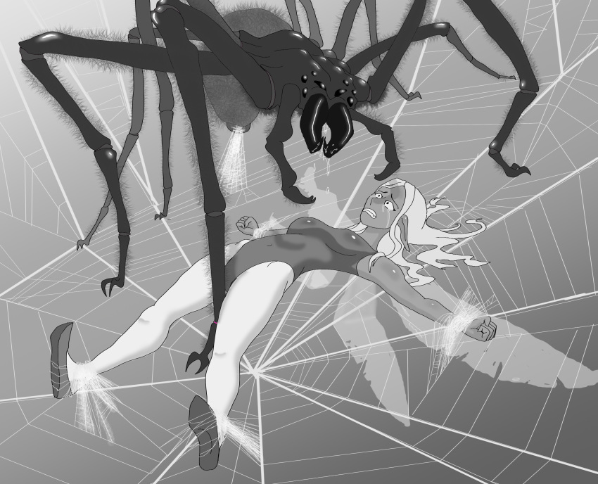 1girls arachnid arched_back arthropod bound crying fairy fairy_wings fangs femsub feral helpless imminent_death kilifish_enthusiast leotard long_ears monochrome peril restrained spider spider_web spread_legs stockings tears wings