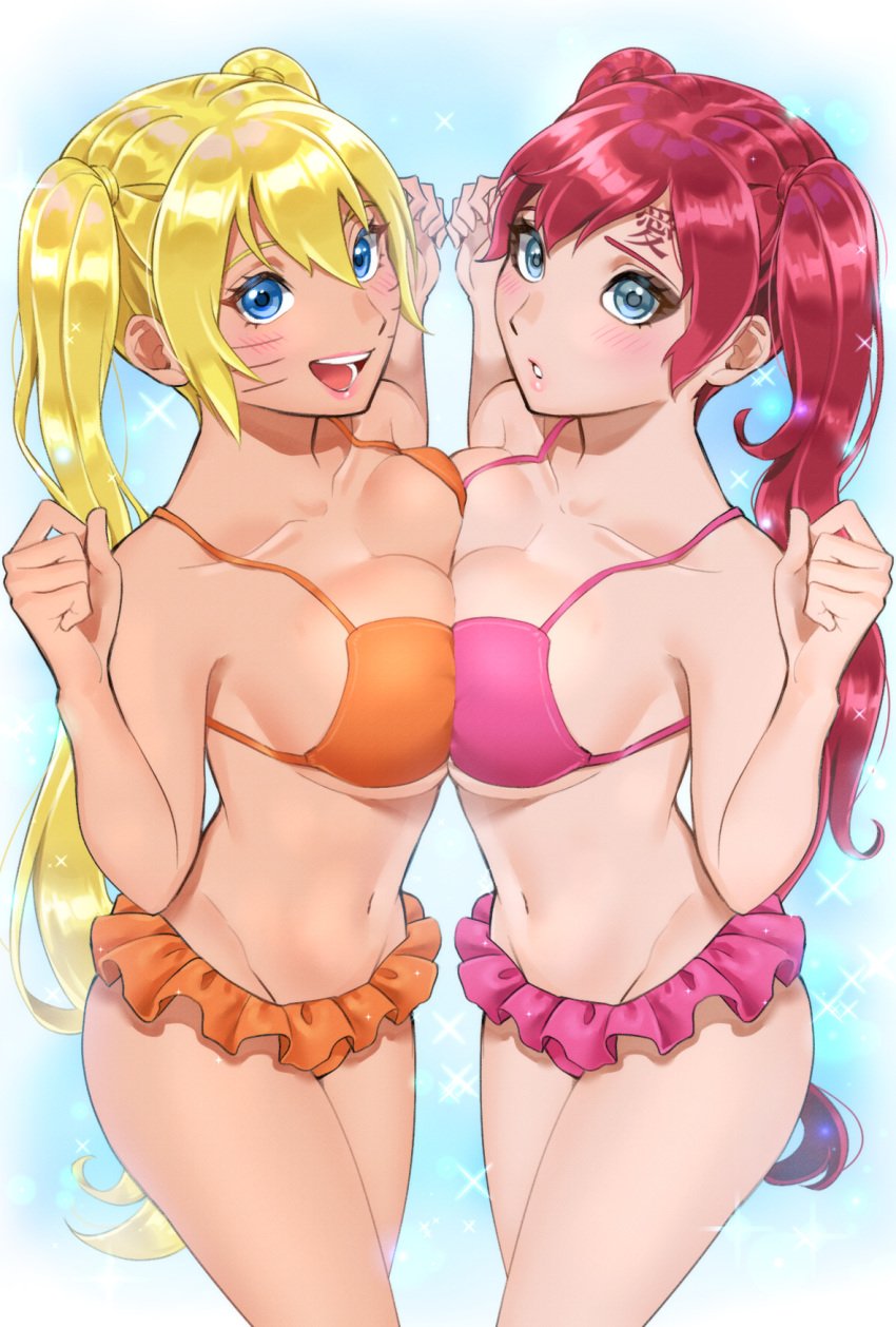 2girls abs bikini_bottom bikini_top blonde_hair blue_eyes blush breast_press breasts busty canon_genderswap cleavage cute face_markings female female_only gaara gender_transformation genderswap_(mtf) legs lesbian lipstick long_hair naruko naruto naruto_(series) naruto_shippuden onenechan open_mouth orange_bikini orange_swimsuit pale-skinned_female pale_skin pig pink_bikini pink_lips pink_lipstick pink_swimsuit pose posing red_hair rule_63 sexy_no_jutsu shy sideboob smile smiling standing swimsuit tattoo thighs tied_hair uzumaki_naruto voluptuous whisker_markings whiskers yuri