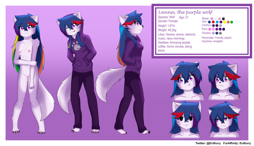 1girls absurdres anthro blue_hair breasts canid canine canis erdfurry female fur furry highres lanna_(erdfurry) mammal model_sheet multicolored_hair nude purple_body purple_fur wolf