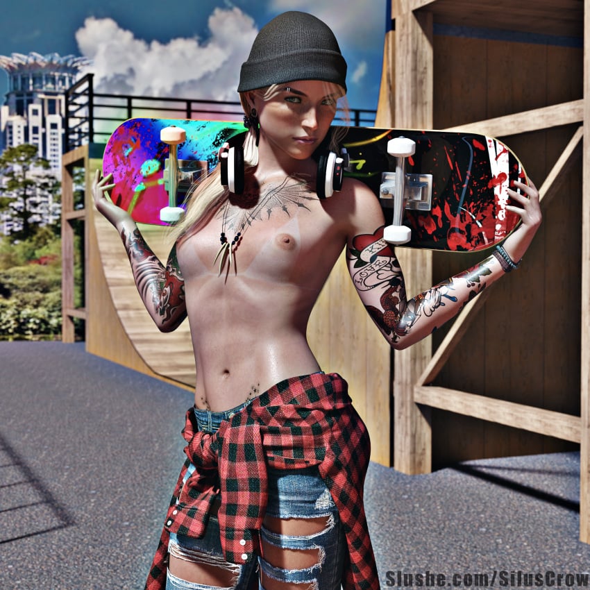 1girls 3d alternate_version_at_source alternate_version_available beanie blonde_hair daz3d daz_studio erin_(siluscrow) exhibitionism eyebrow_piercing fit_female green_eyes hat jeans looking_at_viewer original_character outdoors outside piercing ponytail punk ripped_clothing side_ponytail siluscrow skateboard skater small_breasts solo solo_female streetwear tattoo topless