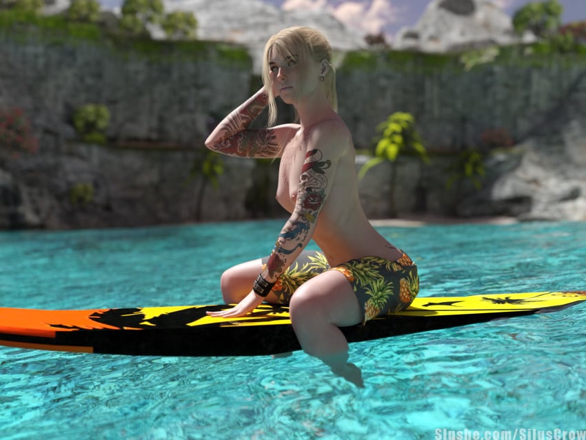 1girls 3d alternate_version_at_source alternate_version_available blonde_hair daz3d daz_studio erin_(siluscrow) exhibitionism female female_only fit_female gauged_ear green_eyes male_swimwear_challenge mens_swimsuit_challenge ocean original_character outdoors outside ponytail siluscrow small_breasts solo solo_focus surfboard surfing swimming_trunks swimsuit swimwear tattoo topless water wet