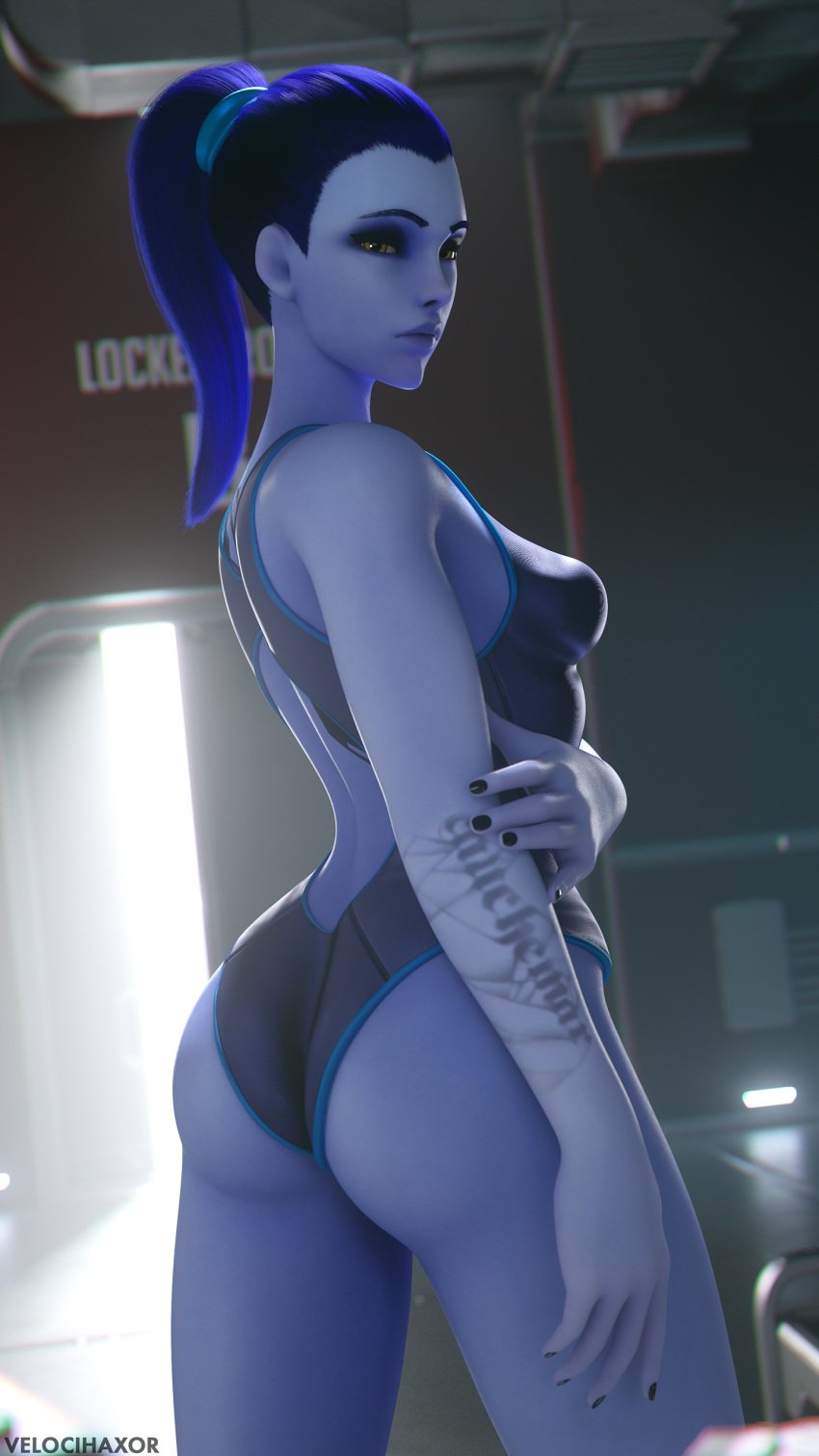 1girls 3d ass big_ass big_butt blue_hair blue_skin breasts bubble_ass bubble_butt female female_only huge_ass large_ass looking_at_viewer looking_back overwatch ponytail solo solo_female tattoo velocihaxor widowmaker yellow_eyes