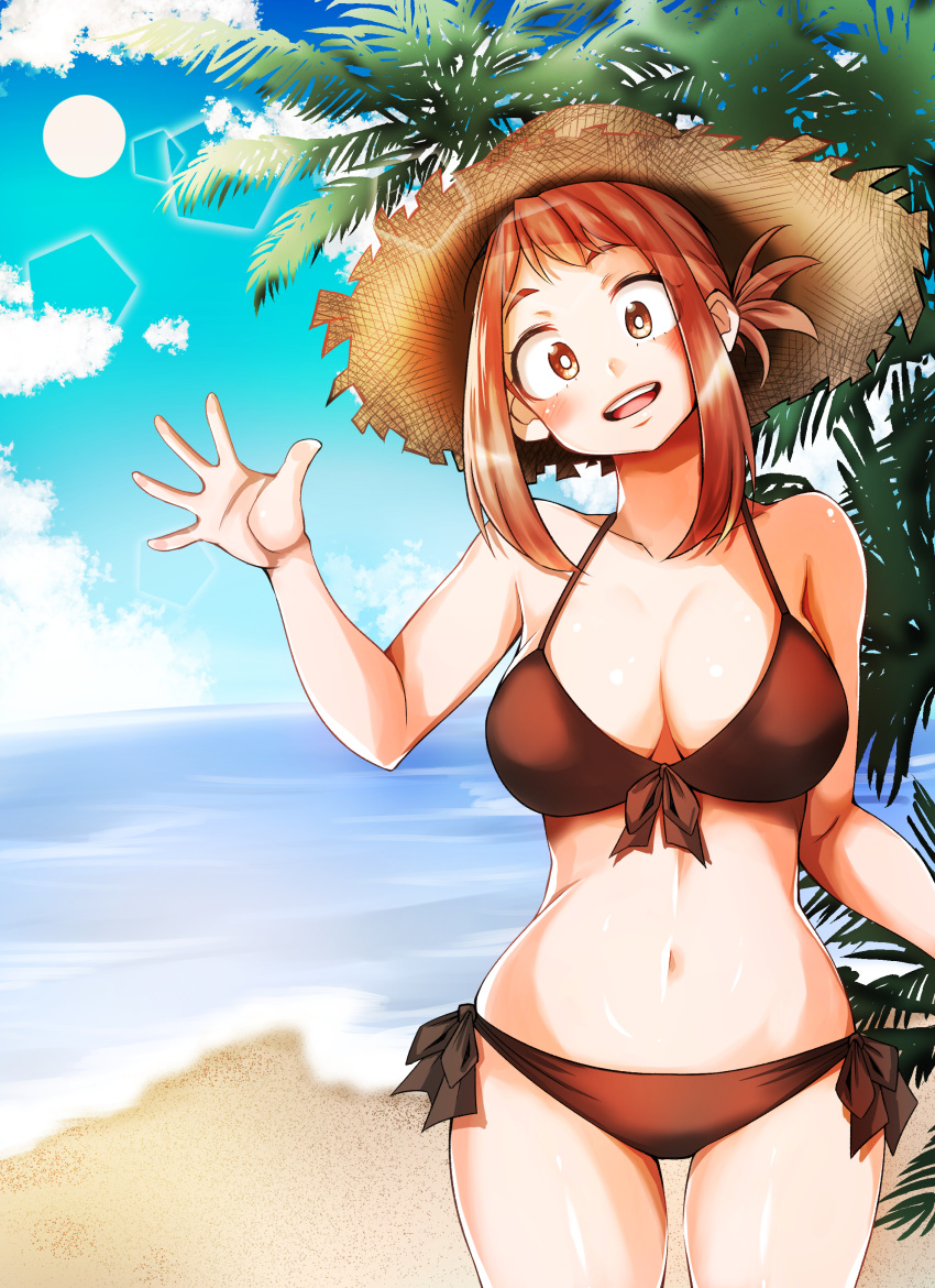 1girls adahcm beach bikini breasts brown_eyes brown_hair cleavage clothed clothed_female clothes clothing cute female female_only fully_clothed hat hi_res large_breasts my_hero_academia ochako_uraraka ponytail smile solo