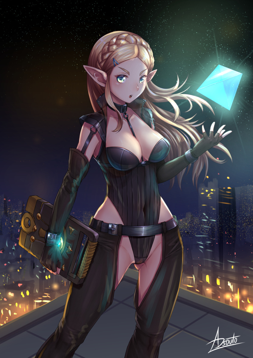 adsouto ass_visible_through_thighs bangs between_breasts black_gloves black_legwear black_leotard blonde_hair blue_eyes braid breasts breath_of_the_wild city cleavage commentary crown_braid demigoddess elbow_gloves english_commentary female fingerless_gloves floating_hair gloves hair_ornament hairclip highleg highleg_leotard highres hylian leotard long_hair medium_breasts night open_mouth outdoors parted_bangs pointy_chin pointy_ears princess princess_zelda sheikah_slate signature sky solo standing star_(sky) starry_sky the_legend_of_zelda very_long_hair zelda_(breath_of_the_wild)