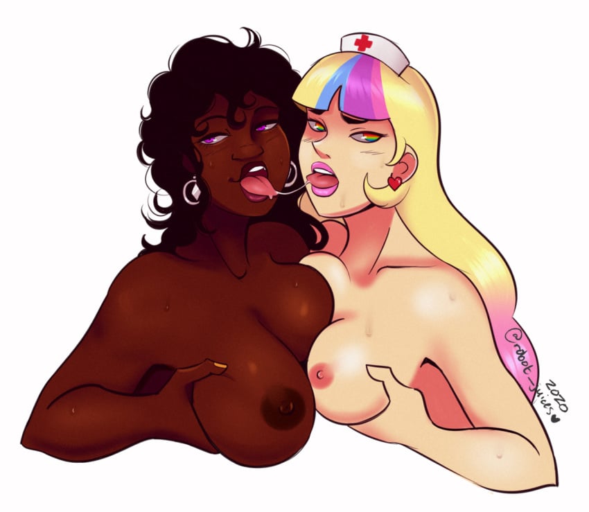 2girls anita_obasanjo big_breasts breasts dark-skinned_female earrings female female_only francisthethriller giada_caloris milf multiple_girls nurse nurse_cap original robot_juices small_breasts upper_body upper_body_focus white_background yuri