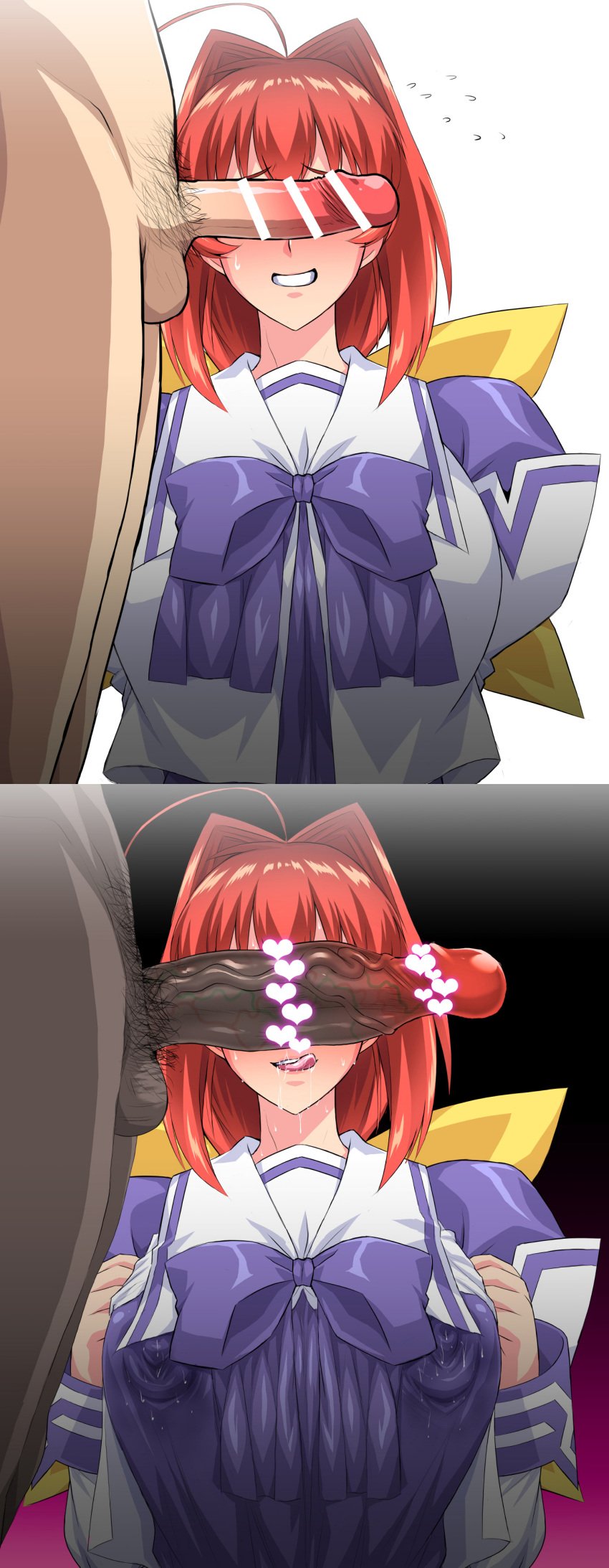 big_penis censored clothed_female_nude_male dark-skinned_male drooling erect_nipples fully_clothed interracial kagami_sumika large_breasts large_penis muv-luv otoo_(izanagi) penis_awe penis_size_difference red_hair to-gnaniwa unseen_male_face veiny_penis