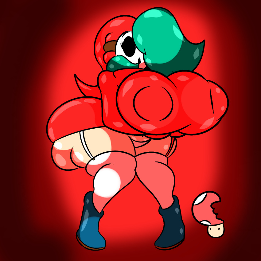 ass ass_squeeze belt big_hips blue_hair boots breasts hair_over_one_eye hips hood large_ass large_breasts mario_(series) mask mrpr1993 nintendo nipple_bulge panties shy_gal squish squished stockings super_mario_bros. super_mushroom thick_thighs thighs tight_clothing