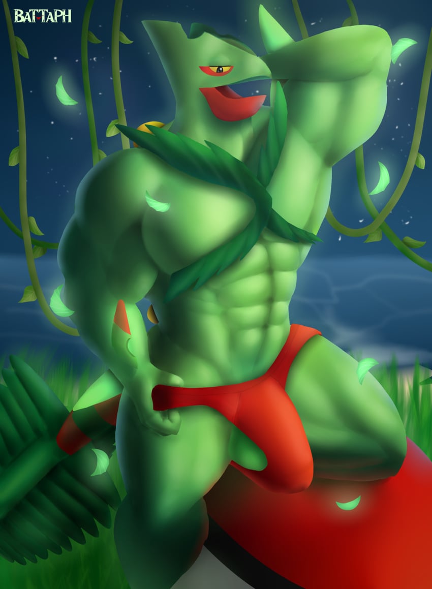 1boy anthro battaph big_biceps big_pecs big_penis bulge clothing genitals hi_res looking_at_viewer male male_only muscular muscular_anthro muscular_male nintendo pecs penis pokémon_(species) pokeball pokemon pokemon_(species) pose scalie sceptile solo thick_thighs underwear video_games