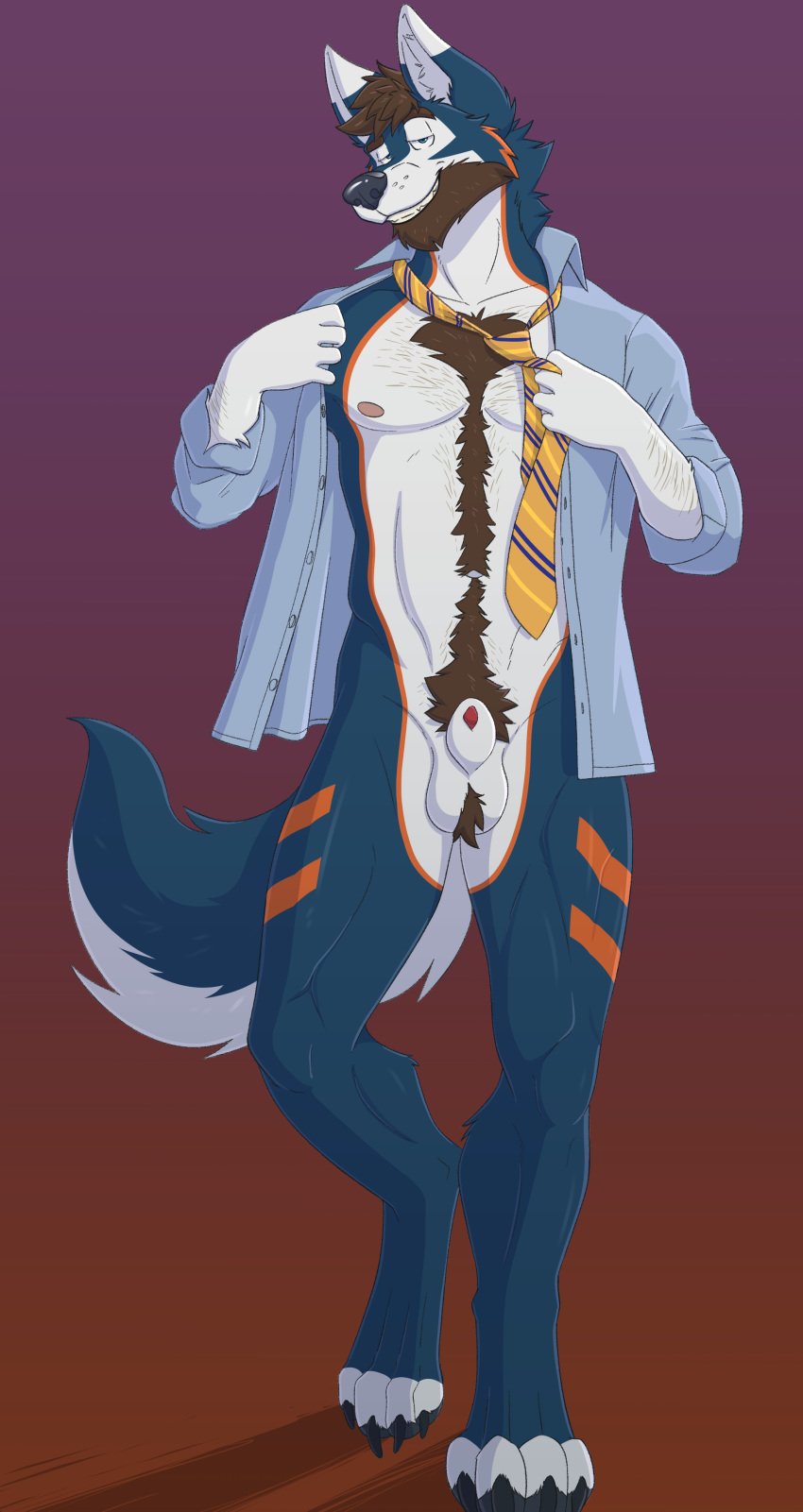 absurd_res animal_genitalia anthro body_hair bottomless clothed clothing dress_shirt facial_hair fully_sheathed genitals grin hi_res male male_only necktie sheath shirt smile solo topwear undressing unpopularwolf