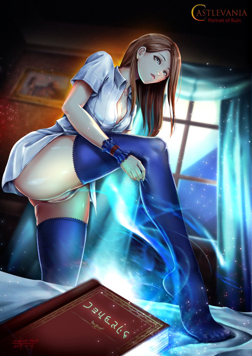 castlevania charlotte_aulin female female_only highres mobius_yang partially_clothed pointy_chin pubic_hair pussy solo stockings thighhighs