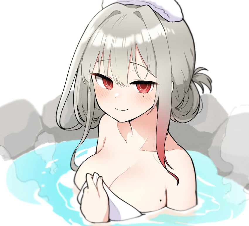 alex_(counter:side) breasts cleavage closed_mouth collarbone counter:side covering covering_breasts female folded_ponytail gradient_hair grey_hair hair_intakes highres junsuina_fujunbutsu large_breasts long_hair looking_at_viewer mole mole_on_breast mole_under_eye multicolored_hair onsen red_eyes sidelocks simple_background smile solo steam towel towel_on_head water white_background