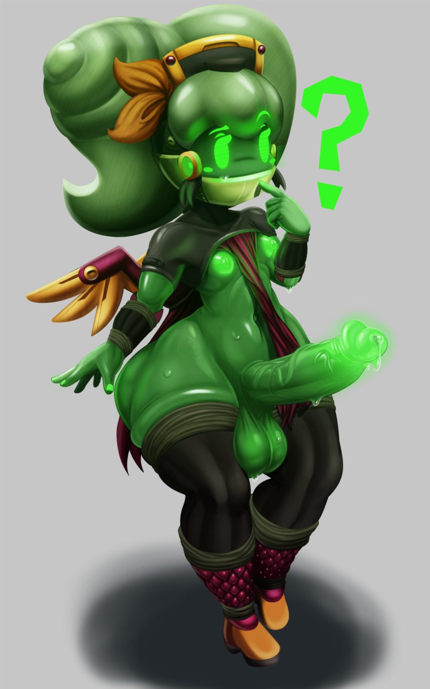 1futa ? big_ass big_balls big_butt big_hair big_nipples big_penis dickgirl dwn000 erection exclamation_mark finger_in_mouth flat_chest futanari glowing glowing_eyes glowing_genitalia glowing_penis green_hair green_sclera index_finger_raised maid_headdress metal_wings neon_green pelvic_curtain pelvic_curtain_aside penis precum question_mark ribbon robot robot_girl robot_humanoid sagging_balls scale_armor shortstack small_breasts smaller_futanari solo_futa spiral_knight spiral_knights teapot_(body_type) thick_thighs veins veiny_penis wide_hips