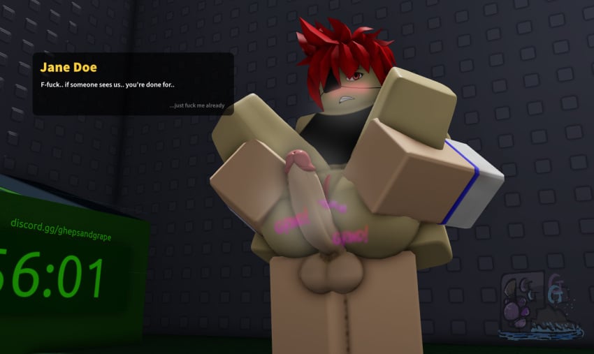 1boy 1girls 3d dialogue english_text gheps imminent_sex jane_doe_(mutation) mutation_(roblox) red_hair roblox robloxian standing standing_sex standing_up tagme text