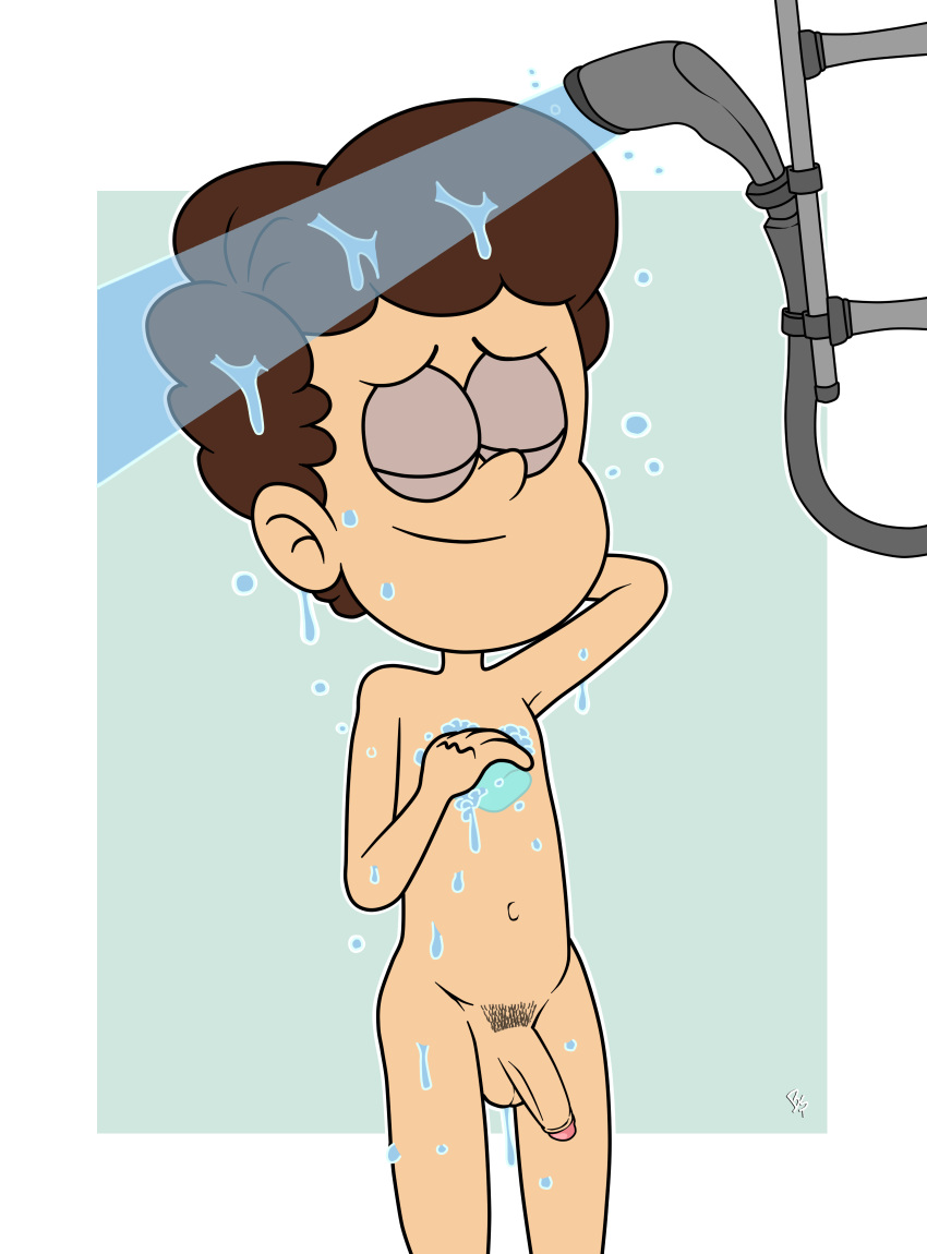 1boy banana_spear bathing benny_stein brown_hair closed_eyes enjoying hair_on_head happy male_only naked nude pubic_hair shower showering smile smiling solo the_loud_house