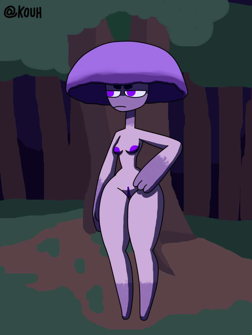 2020 3_fingers angry anthro ass big_butt breasts digital_media_(artwork) elemental_creature elemental_humanoid eyebrows female fingers forest fungi_fauna fungi_humanoid fungus genitals hi_res humanoid kouh multicolored_body mushroom mushroom_humanoid nipples purple_body purple_eyes purple_nipples purple_skin pussy sky small_breasts solo thyz_(kouh) tree two_tone_body wide_hips