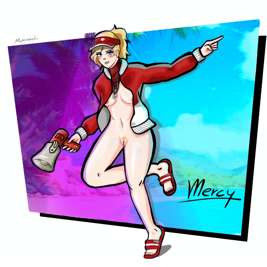 artist_request ashamed beach blizzard_entertainment blonde_female blonde_hair blonde_hair embarrassed embarrassed_nude_female female female_only hat lifeguard lifeguard_mercy megaphone mercy no_panties overwatch partially_clothed pointing ponytail pubic_hair pussy pussy_juice red_jacket red_lipstick running sandals solo solo_female sweat sweatdrop white_background white_skin