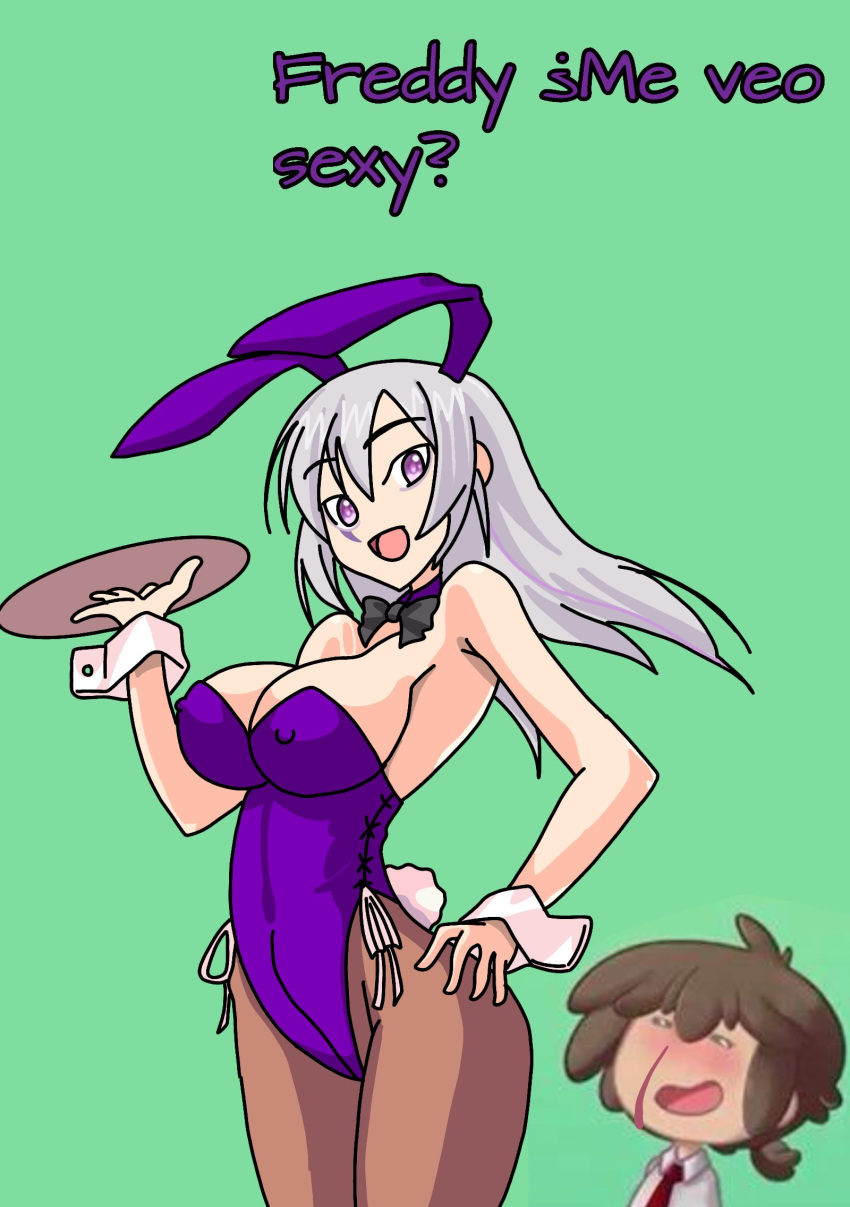 bunny_ears bunny_tail bunnysuit dir_arts fnafhs fnafhs_z3ro freddy_(fnafhs) mai_(fnafhs) purple_hair two_tone_hair white_hair