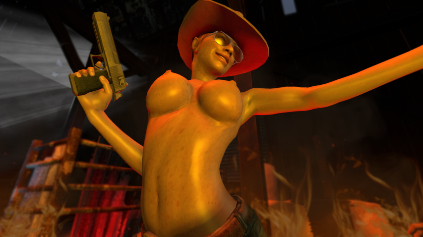 3d abigail_briarton call_of_duty farm female fire glasses hat misty_(cod-bops-2) smile topless_female valkyrxr1 weapon