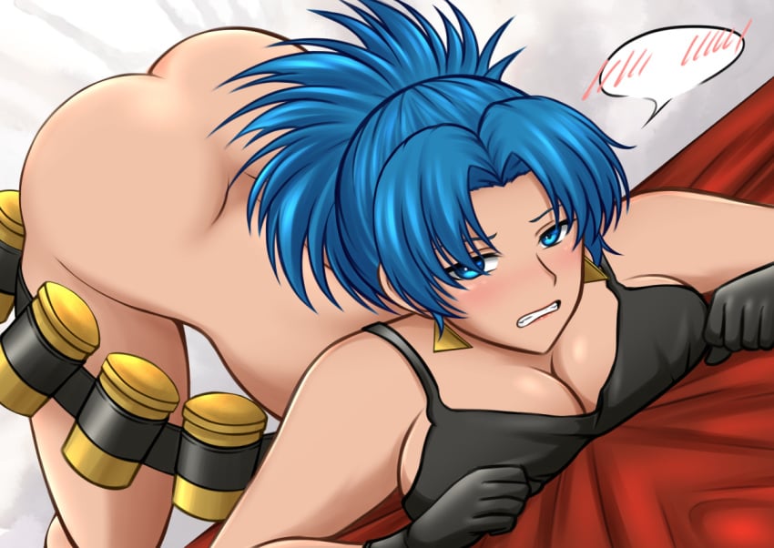 1boy 1girls ass bed_sheet belt big_ass big_breasts black_tank_top blue_eyes blue_hair blush breast_press breasts butt_crack cleavage doggy_style earrings female gas_can high_ponytail huge_breasts jewelry king_of_fighters large_breasts leona_heidern ponytail sex sex_from_behind shy snk soldier solo speech_bubble straight tank_top thighhighs zaogao_xiaotu