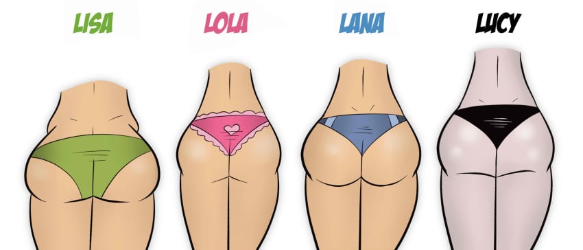 ass ass_cleavage ass_comparison ass_focus ass_size_chart black_panties blue_panties butt_crack butt_size_difference female female_focus female_only green_panties lana_loud lineup lisa_loud lola_loud lucy_loud panties pink_panties scobionicle99 siblings straight_hair the_loud_house wide_hips