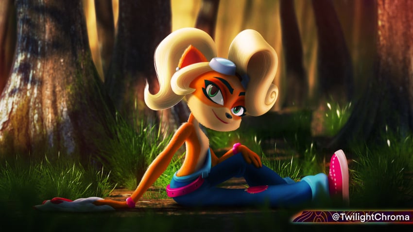 16:9 activision bandicoot blonde_hair breasts clothed clothing coco_bandicoot crash_(series) detailed_background digital_media_(artwork) female forest fur green_eyes hair hi_res humanoid long_hair looking_at_viewer mammal marsupial smile solo topless tree twilightchroma video_games widescreen