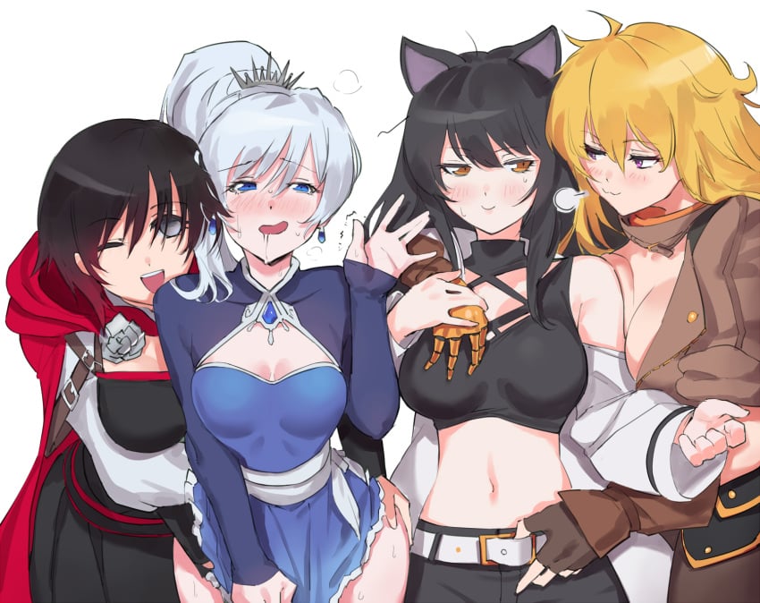 4girls blake_belladonna blake_belladonna_(mystral) blush breast_grab dress dress_tug drooling female female_only gentle_femdom groping implied_fingering looking_at_another looking_pleasured multiple_girls mystral_outfit negresco ruby_rose ruby_rose_(mystral) rwby suggestive sweating team_rwby tugging_belt unbuckling_belt undressing weiss_schnee weiss_schnee_(mystral) yang_xiao_long yang_xiao_long_(mystral) yuri