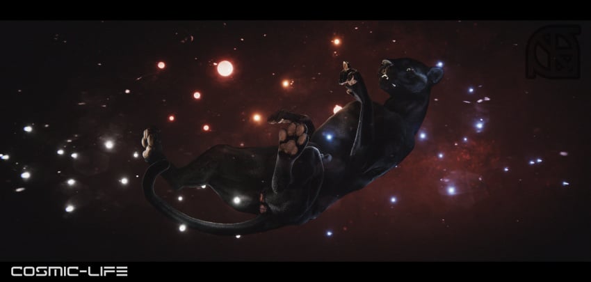 abstract absurd_res anthro black_bars cosmiclife felid feline female feral galaxy hi_res jaguar letterbox macro mammal nebula pantherine paws pinup pose semi-anthro solo space sun