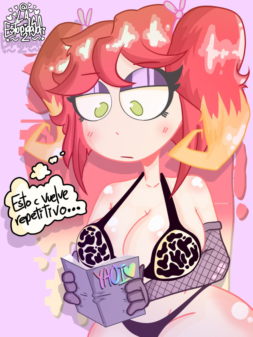 abby_(fnafhs) azrielart big_ass big_breasts big_butt big_hips big_thighs bikini chubby chubby_female cleavage cow_bikini cow_print dialogue female female_focus female_only fnafhs fnafhs_z3ro green_eyes hourglass_figure huge_ass huge_breasts huge_butt huge_hips huge_thighs laestupidasofi red_hair sofiart sole_female spanish_text text wide_hips