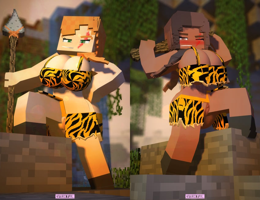 2girls 3d alex_(minecraft) amazon big_ass big_breasts big_butt brown_body brown_eyes brown_hair brown_skin cave cavegirl cavewoman club_weapon cute cuteskyler dark_skin ginger green_eyes jungle leopard leopard_print mine-imator minecraft orange_hair red_eye scar scars showing_off showing_pussy skyler skyler_quinn spear_weapon sundown vanessa_mcloy white_skin