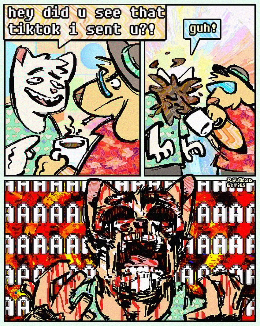 3_panel_comic 4_fingers abstract_background aloha_shirt anthro artist_name attack beverage blood bodily_fluids bone canid canine canis cigarette clothing coffee container cup desmond_(rawdawgcomics) dialogue digital_media_(artwork) domestic_cat domestic_dog duo english_text exposed_bone exposed_skull eyewear face_melting felid feline felis fingers gore hat headgear headwear hi_res male mammal melted_skin melting_flesh mug open_mouth pain pattern_clothing pattern_shirt pattern_topwear rawdawgcomics rawdawgcomics_(series) screaming shirt skull smoking stahli_(rawdawgcomics) sunglasses text topwear
