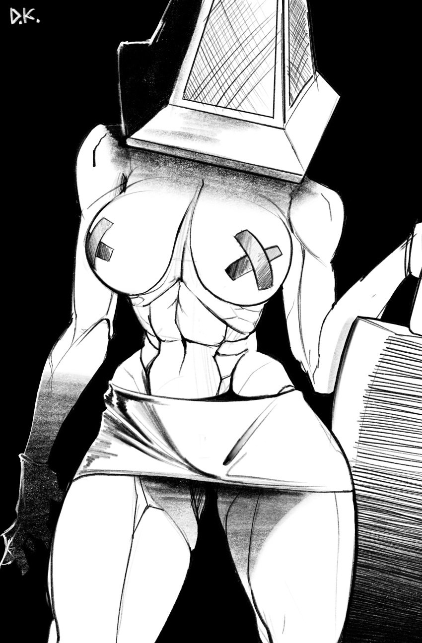 1girls 2020 abs artist_name artist_signature black_and_white black_background breasts curvy desertkaiju female female_pyramid_head gloves great_knife greyscale hi_res highres humanoid konami monochrome monster monster_girl nipple_tape pale_skin pyramid_head rule_63 silent_hill silent_hill_2 skirt solo solo_female toned video_games villainess weapon