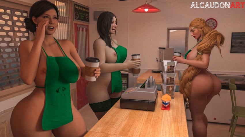 3d 3d_(artwork) 3girls alcaudonart apron apron_only big_ass big_butt black_hair blonde_hair capcom crossover dark-skinned_female dark_skin female female_focus female_only god_of_war_ragnarok huge_ass huge_breasts huge_butt latina light-skinned_female light_skin long_hair mature mature_female mia_winters milf mother nipples resident_evil_8:_village rio_morales rio_morales_(playstation) sif_(god_of_war) spider-man_(ps4) wide_hips