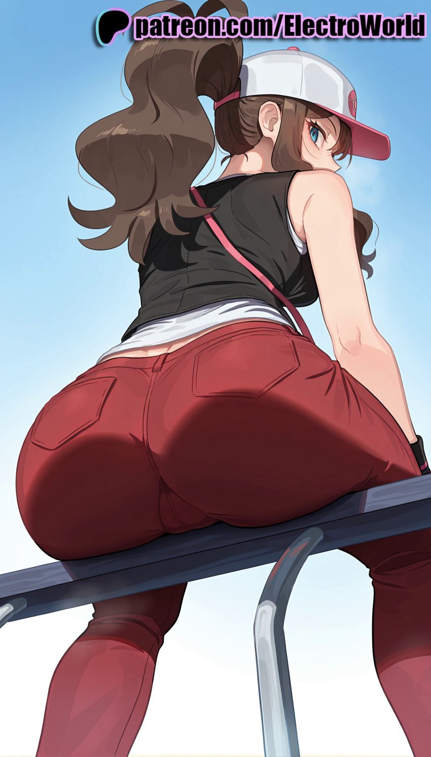 1girls 2025 ai_generated artist_name ass baseball_cap blue_background blue_eyes brown_hair electroworld female gradient gradient_background hat hi_res high_quality high_resolution highres hilda_(pokemon) long_hair patreon patreon_username pokemon solo stable_diffusion watermark