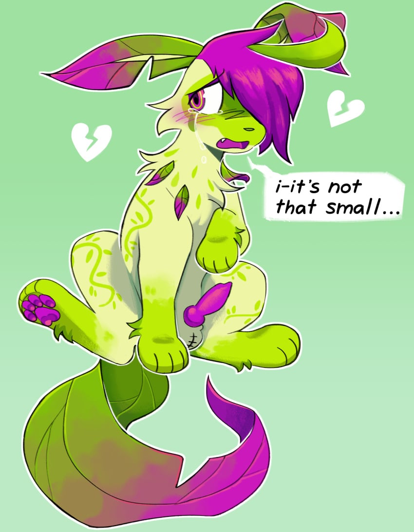4_toes absurd_res animal_genitalia animal_penis blush blush_lines bodily_fluids broken_heart canine_genitalia canine_penis cheek_tuft chest_tuft colored digital_drawing_(artwork) digital_media_(artwork) eeveelution embarrassed english_text erection eunuch facial_markings facial_tuft feet feral floppy_ears folded_ears fur fur_markings generation_4_pokemon genital_scar genitals gradient_ears gradient_tail green_body green_tail hair head_markings heart_symbol hi_res knot knotted_penis leaf leaf_ears leaf_in_hair leaf_tail leafeon leaves_on_body male markings multicolored_body multicolored_ears multicolored_eyes multicolored_fur multicolored_hair multicolored_pupils multicolored_tail narcan_(anthropophagiac) nintendo notched_ear open_mouth orchiectomy_scar outline paw_tuft pawpads paws penis plant pokemon pokemon_(species) purple_blush purple_eyes purple_hair purple_pawpads purple_tail purple_tongue raised_leg scar shaded simple_background sitting small_penis speech_bubble surgical_suture tail tear_(marking) tears teeth text toes tongue tuft wastepaw
