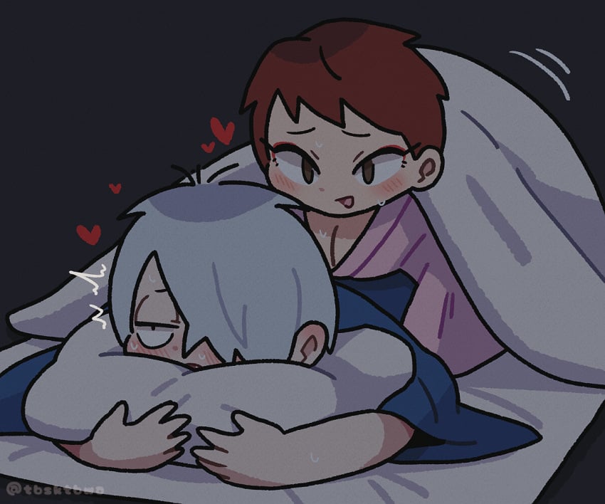 1boy 1futa blush brown_hair canon_couple chibi cleavage eyeshadow from_behind fti_crossgender futa_on_male futadom futanari gegege_no_kitarou hair_over_one_eye heart husband_and_wife implied_anal implied_futa in_bed intersex iwako_(gegege_no_kitarou) kimono kitarou_tanjou_gegege_no_nazo looking_pleasured male malesub married_couple medama_oyaji_(human) no_visible_genitalia on_bed on_stomach pillow_grab pillow_hug short_hair smile tbsktbwa under_covers very_short_hair white_hair