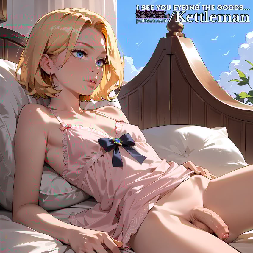 ai_generated babydoll bed blonde_hair blue_eyes cute femboy feminine feminine_male flaccid flaccid_penis foreskin kettleman laying_on_bed lingerie pajamas penis petite seductive sexy sissy slender_body slender_waist slim_waist small_penis trap twink uncircumcised uncut