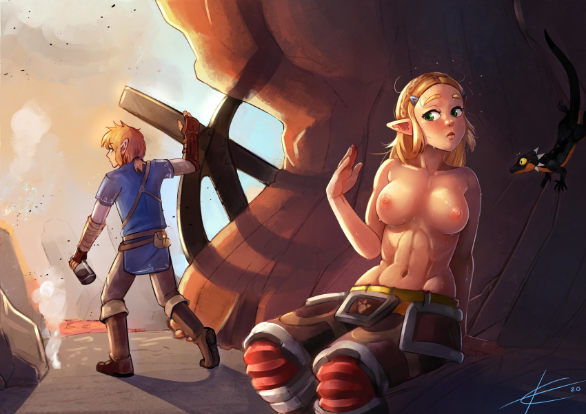 1boy 1girls abs adventurer big_breasts blonde_hair breasts breath_of_the_wild casual champion's_tunic crown_braid death_mountain eltonel female fireproof_elixir fireproof_lizard flamebreaker_boots humanoid hylian hylian_trousers link link_(breath_of_the_wild) lizard male nintendo nipples outdoors pale_skin pointy_ears princess_zelda short_hair sweat sweating the_legend_of_zelda topless zelda_(breath_of_the_wild)