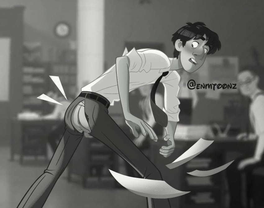 1boy 4k accidental_exposure anus ass background_characters balls blurry_background blush disney djunderground123 enmtoonz formal_wear george_(paperman) hi_res jpg male male_only monochrome office paperman_(film) papers suit_and_tie torn_pants
