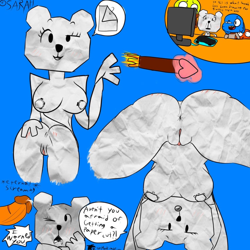 1:1 animate_inanimate anthro anus ass bent_over big_breasts big_butt blue_background blue_body blue_fur blush bodily_fluids breasts cartoon_network clothed clothing computer cum cum_in_mouth cum_inside cum_on_penis darwin_watterson dessert dialogue domestic_cat english_text felid feline felis female female_focus fish food fur genital_fluids genitals group gumball_watterson half-closed_eyes hand_on_butt hi_res humanoid ice_cream looking_at_viewer looking_back male mammal marine narrowed_eyes nipples nude one_eye_closed open_mouth paper pasties penis presenting presenting_hindquarters pussy saliva sarah_g_lato simple_background smile solo_focus teri_(tawog) text the_amazing_world_of_gumball thick_thighs tongue unknown_artist ursid ursid_humanoid wide_hips young