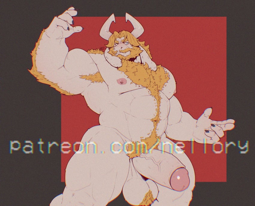1boy abs arm_hair armpit_hair armpits artist_name asgore_dreemurr bara bare_pectorals beard biceps blonde_hair chest_hairnavel_hair claws closed_mouth english_commentary erection facial_hair floppy_ears furry furry_male highres horns looking_to_the_side male_focus mr_nellory muscular muscular_male navel nipples patreon_username pectorals penis plump pubic_hair testicle_hair testicles undertale veins veiny_penis white_fur