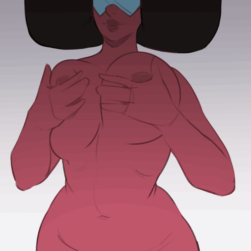 afro alien alien_girl alien_humanoid animated belly belly_button big_areola big_breasts big_nipples bouncing_breasts breasts breasts_out curvy curvy_female curvy_figure dark_hair digital_media_(artwork) female garnet_(steven_universe) hand_on_breast hi_res highres humanoid lips lipstick looking_at_viewer r4stishk4 red_body red_lipstick red_skin simple_background simple_shading solo standing steven_universe sunglasses tall_female