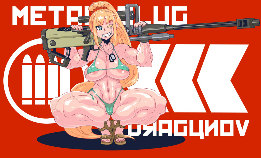 1girls areola_slip blonde_hair breasts dragunov_(metal_slug) green_panties long_hair metal_slug metal_slug_attack minami_aomori muscles panties pointy_chin ponytail scar snk solo weapon