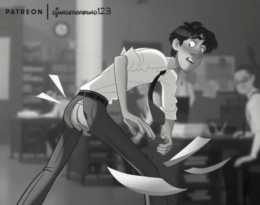1boy 4k accidental_exposure anus ass background_characters balls blurry_background blush disney djunderground123 enmtoonz formal_wear george_(paperman) hi_res large_filesize male male_only monochrome office paperman_(film) papers png suit_and_tie torn_pants